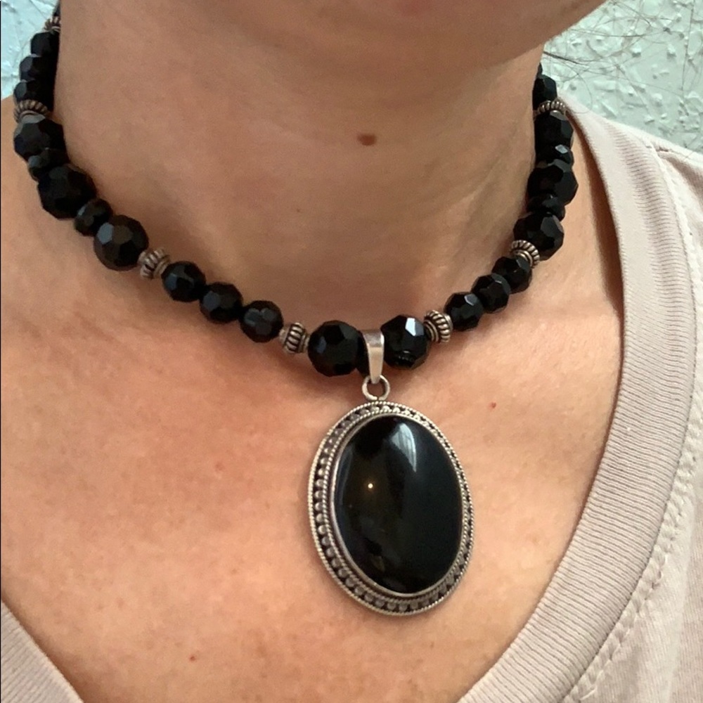 Jet bead and silver handmade necklace